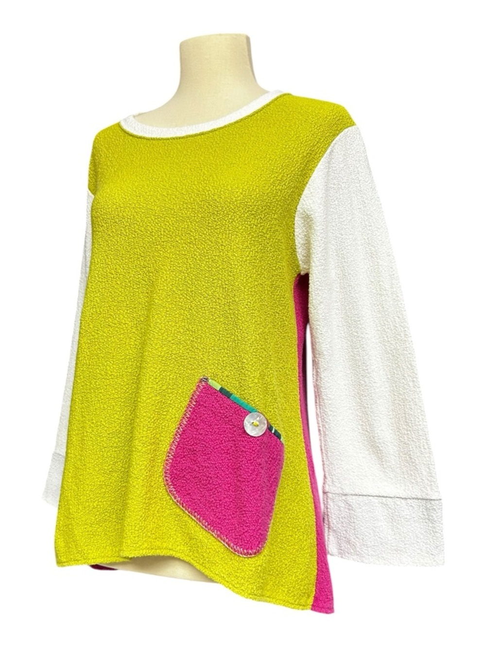 Margaret Winters Y2K Colorblock Tunic Top XS Lime Pink Terry Cloth Pocket USA